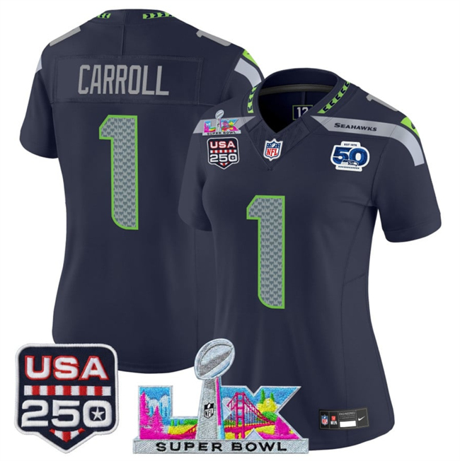 Women's Seattle Seahawks #1 Pete Carroll Navy 2025 F.U.S.E. Super Bowl LX Patch And 50th Season & USA 250' Patch Vapor Limited Football Stitched Jersey(Run Small)